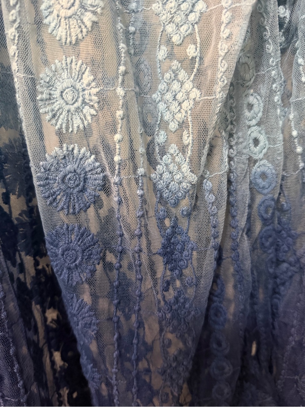 Boho Blue Ombre Embroidered Lace Sheer Bell Sleeve Top Indigo Thread Sz L - Picture 3 of 7